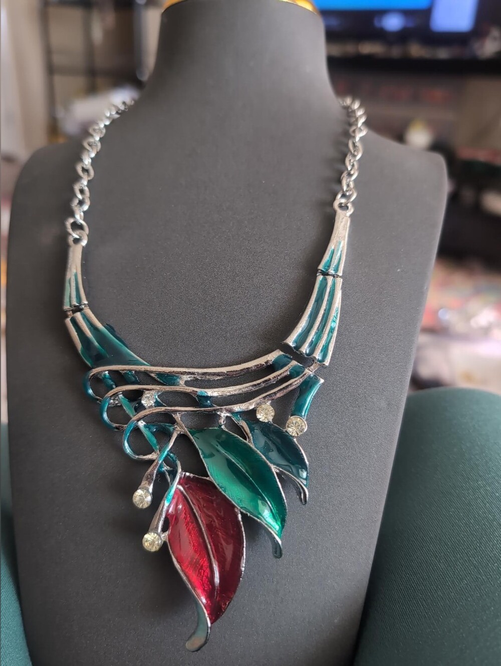 Vintage Statement Bib Necklace Silver Tone Teal Red Enamel Rhinestone Modernist